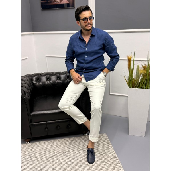 Nakış işleme detaylı %100 keten gömlek