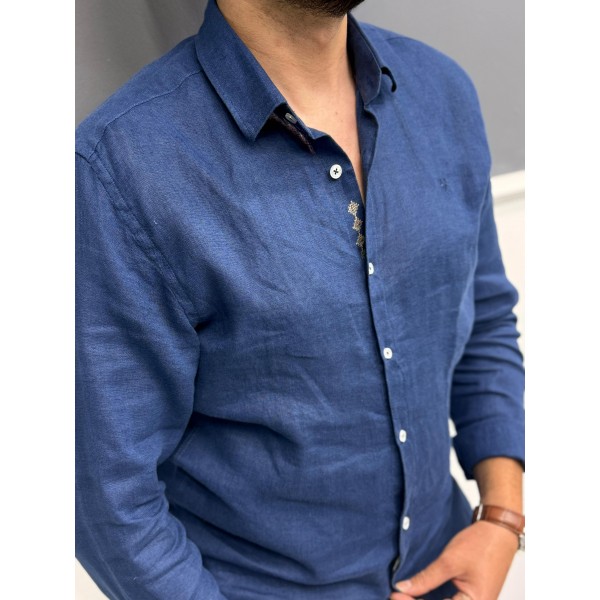 Nakış işleme detaylı %100 keten gömlek