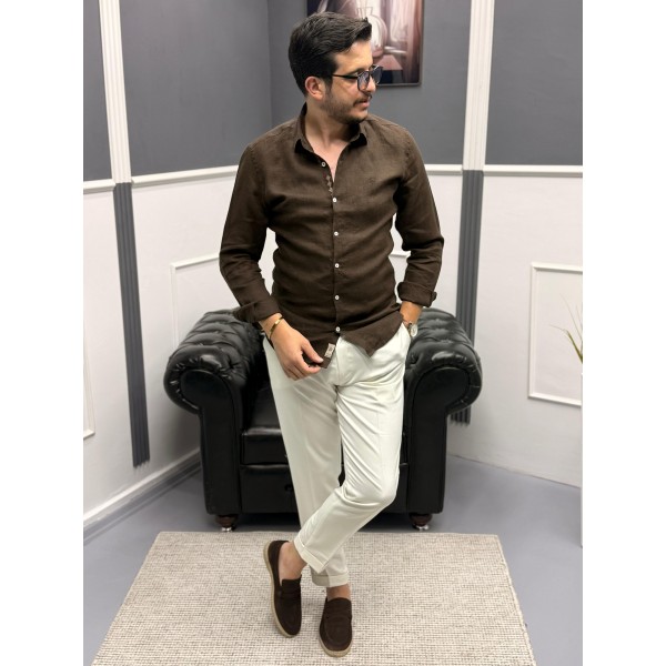 Nakış işleme detaylı %100 keten gömlek