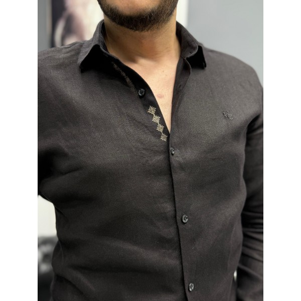 Nakış işleme detaylı %100 keten gömlek