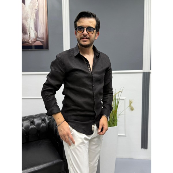 Nakış işleme detaylı %100 keten gömlek