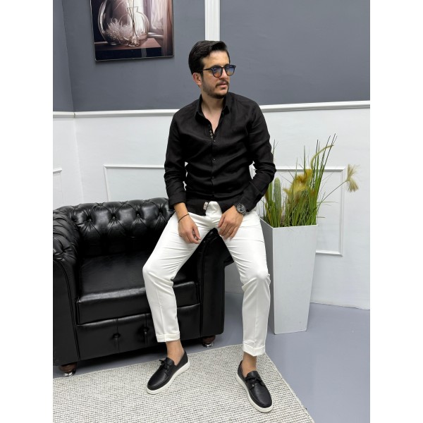 Nakış işleme detaylı %100 keten gömlek