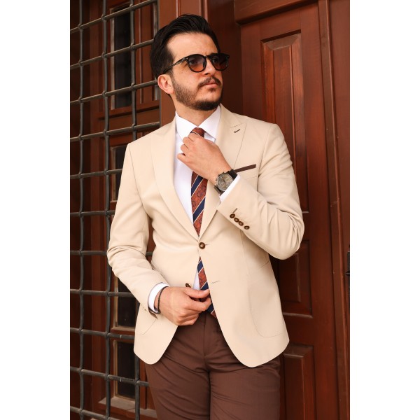 Lux İtalyan Stil Erkek Takım Elbise Klasik ve Modern Stil Bir Arada Koyu Kahverengi