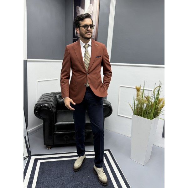 Lux İtalyan Stil Erkek Takım Elbise Klasik ve Modern Stil Bir Arada Koyu Kahverengi
