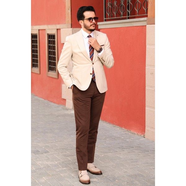 Lux İtalyan Stil Erkek Takım Elbise Klasik ve Modern Stil Bir Arada Koyu Kahverengi