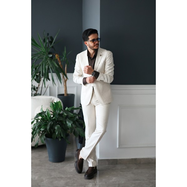 İpli Kumaş İtalyan Stil Takım Elbise Krem