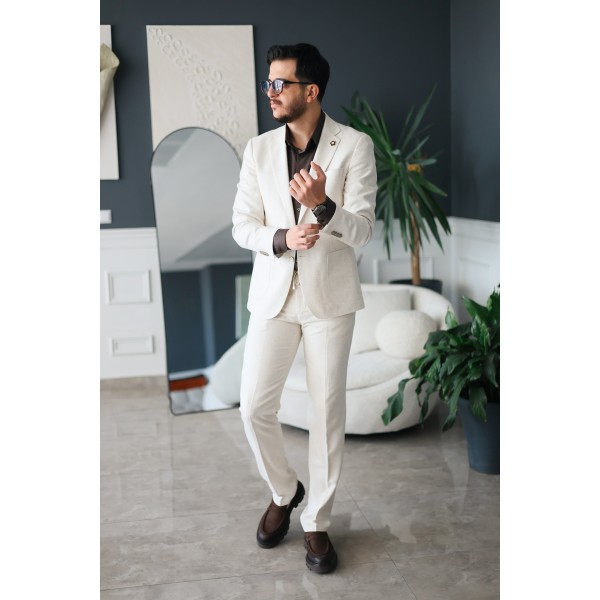 İpli Kumaş İtalyan Stil Takım Elbise Krem