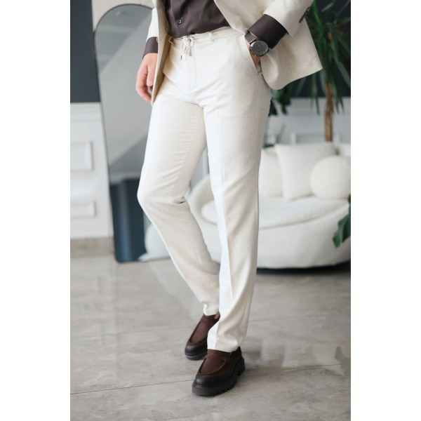 İpli Kumaş İtalyan Stil Takım Elbise Krem