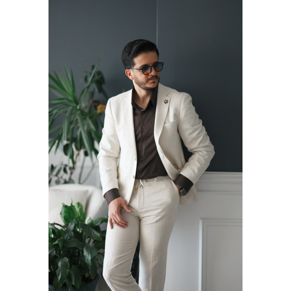 İpli Kumaş İtalyan Stil Takım Elbise Krem