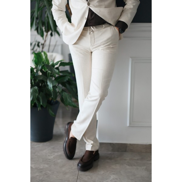 İpli Kumaş İtalyan Stil Takım Elbise Krem