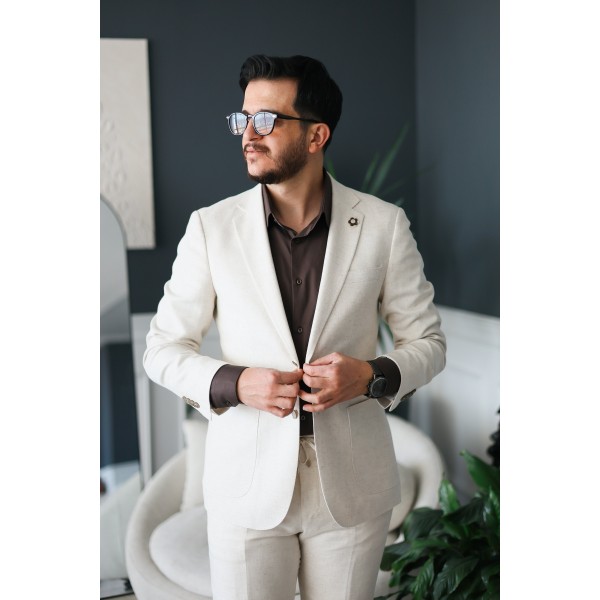 İpli Kumaş İtalyan Stil Takım Elbise Krem