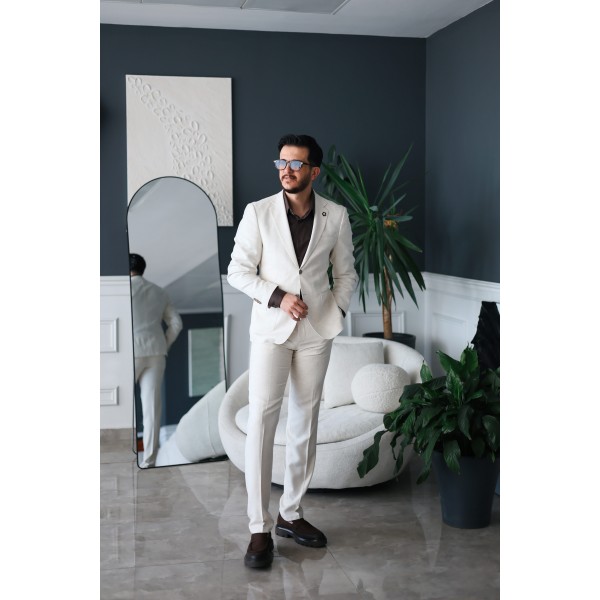 İpli Kumaş İtalyan Stil Takım Elbise Krem