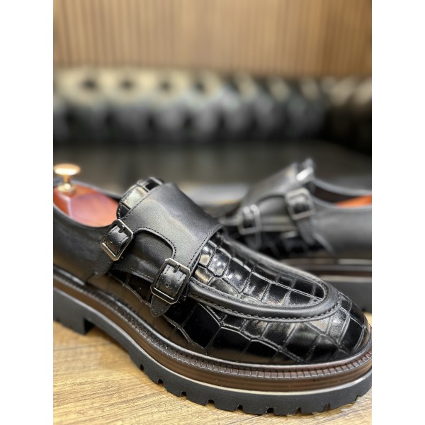 Kroko Desenli Toka Detaylı Deri Klasik Ayakkabı 