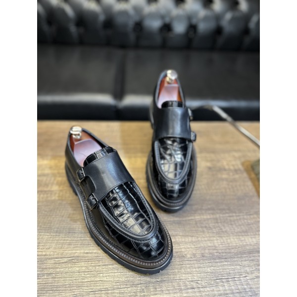 Kroko Desenli Toka Detaylı Deri Klasik Ayakkabı 