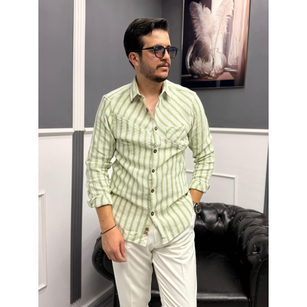 Dokuma Triko Detaylı %100 Pamuk Erkek Gömlek