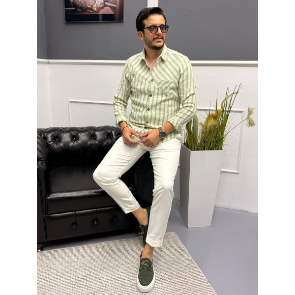 Dokuma Triko Detaylı %100 Pamuk Erkek Gömlek