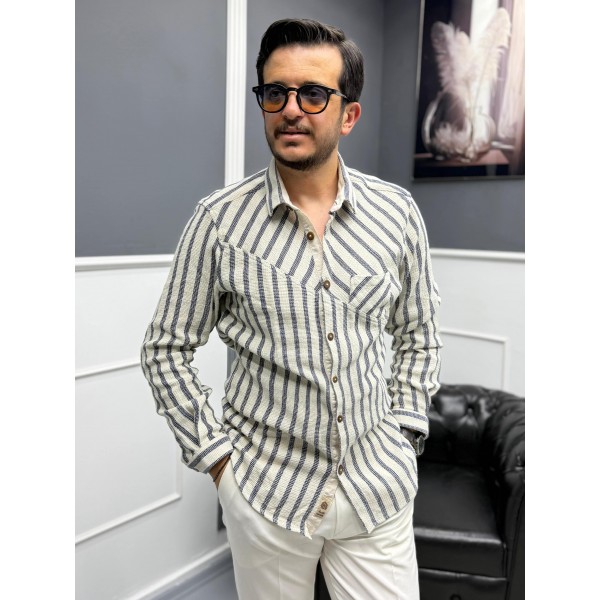 Dokuma Triko Detaylı %100 Pamuk Erkek Gömlek