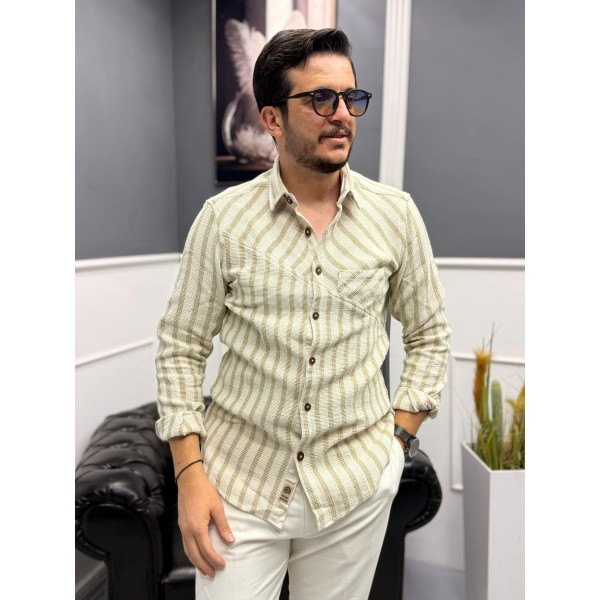 Dokuma Triko Detaylı %100 Pamuk Erkek Gömlek