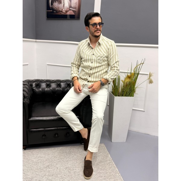 Dokuma Triko Detaylı %100 Pamuk Erkek Gömlek