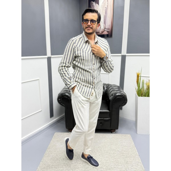 Dokuma Triko Detaylı %100 Pamuk Erkek Gömlek