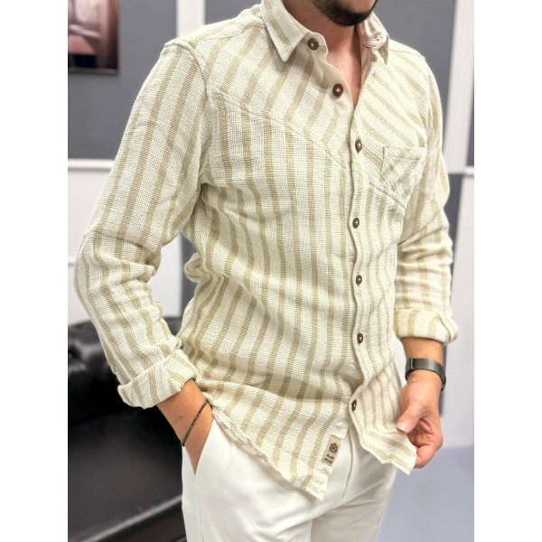 Dokuma Triko Detaylı %100 Pamuk Erkek Gömlek