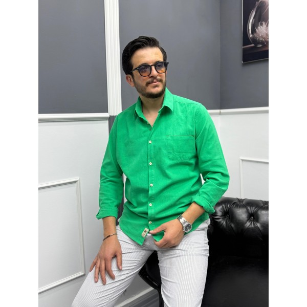 Erkek Keten Dokulu Slim Fit Uzun Kollu Gömlek Nakış işleme Detaylı