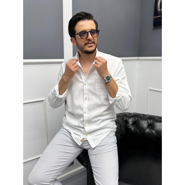 Erkek Keten Dokulu Slim Fit Uzun Kollu Gömlek Nakış işleme Detaylı