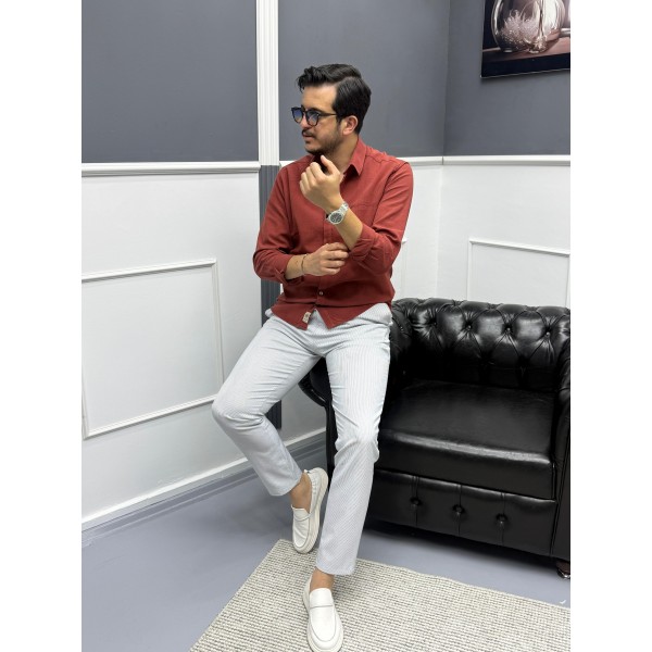 Erkek Keten Dokulu Slim Fit Uzun Kollu Gömlek Nakış işleme Detaylı