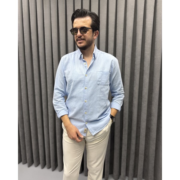 Erkek Keten Dokulu Slim Fit Uzun Kollu Gömlek Nakış işleme Detaylı