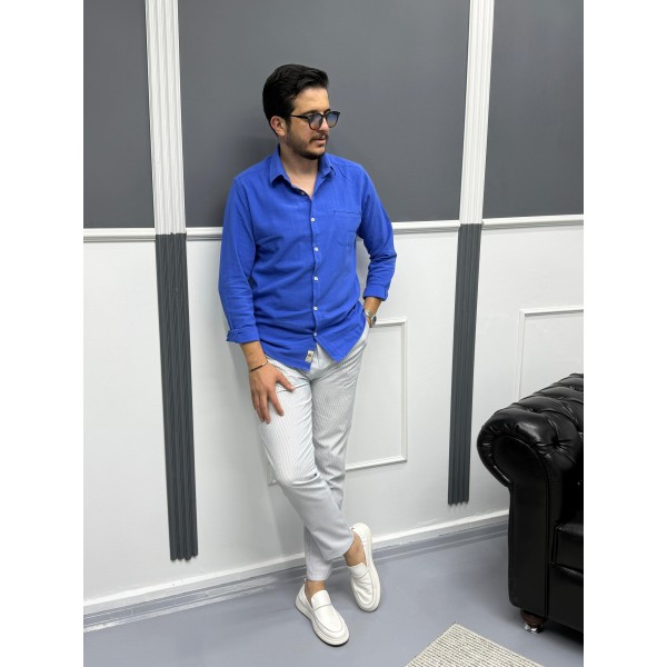 Erkek Keten Dokulu Slim Fit Uzun Kollu Gömlek Nakış işleme Detaylı