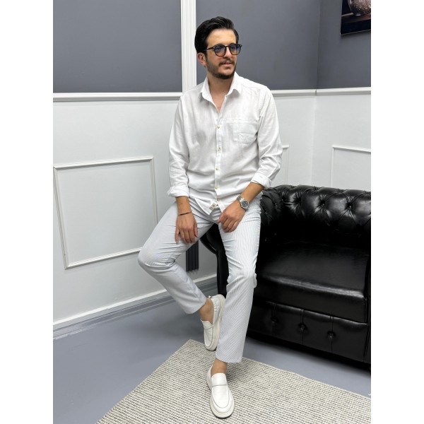 Erkek Keten Dokulu Slim Fit Uzun Kollu Gömlek Nakış işleme Detaylı
