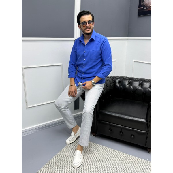 Erkek Keten Dokulu Slim Fit Uzun Kollu Gömlek Nakış işleme Detaylı