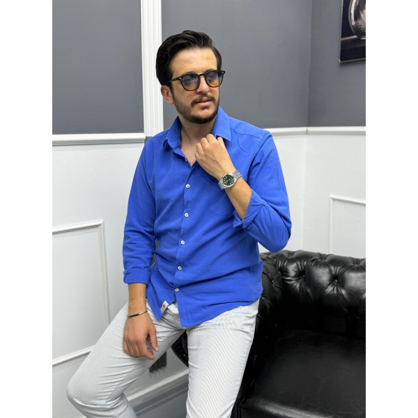 Erkek Keten Dokulu Slim Fit Uzun Kollu Gömlek Nakış işleme Detaylı