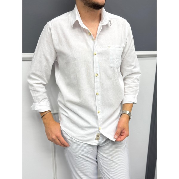 Erkek Keten Dokulu Slim Fit Uzun Kollu Gömlek Nakış işleme Detaylı