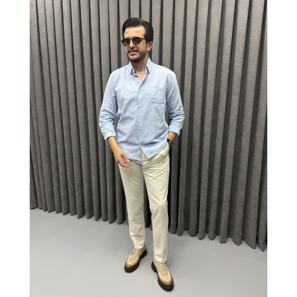 Erkek Keten Dokulu Slim Fit Uzun Kollu Gömlek Nakış işleme Detaylı