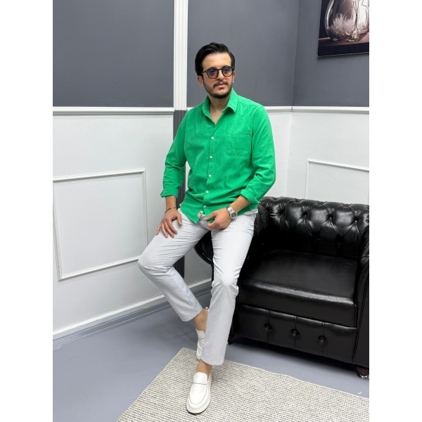 Erkek Keten Dokulu Slim Fit Uzun Kollu Gömlek Nak...