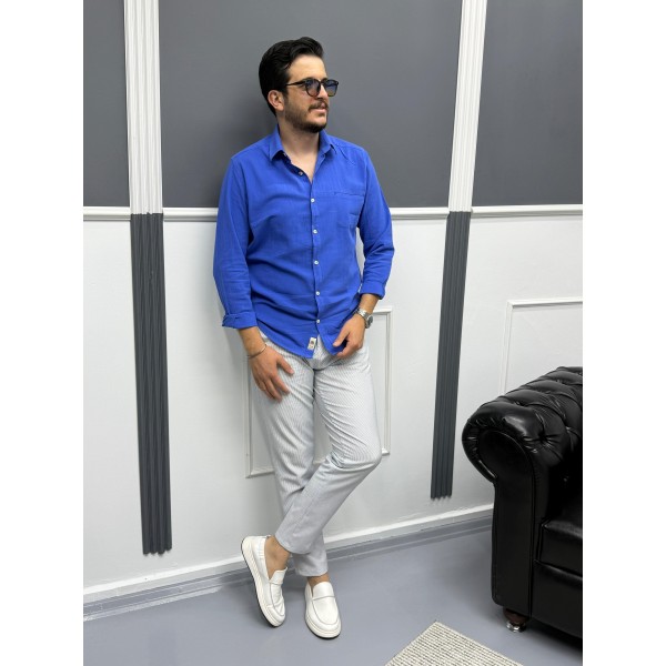 Erkek Keten Dokulu Slim Fit Uzun Kollu Gömlek Nakış işleme Detaylı