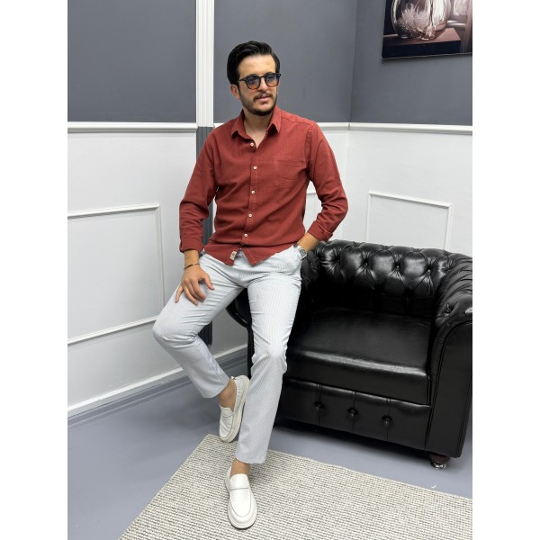 Erkek Keten Dokulu Slim Fit Uzun Kollu Gömlek Nakış işleme Detaylı