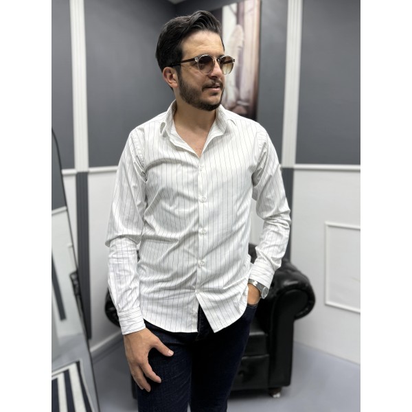  Erkek Lacivert ince çizgili %100 Pamuk Saten Non-iron Ütü Istemeyen  Modern Fit Gömlek