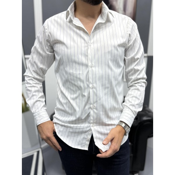  Erkek Lacivert ince çizgili %100 Pamuk Saten Non-iron Ütü Istemeyen  Modern Fit Gömlek