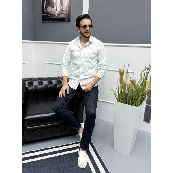  Erkek Lacivert ince çizgili %100 Pamuk Saten Non...