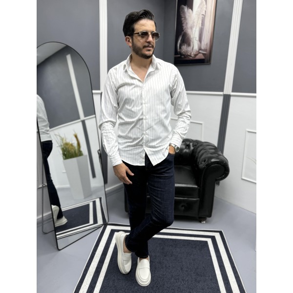  Erkek Lacivert ince çizgili %100 Pamuk Saten Non-iron Ütü Istemeyen  Modern Fit Gömlek