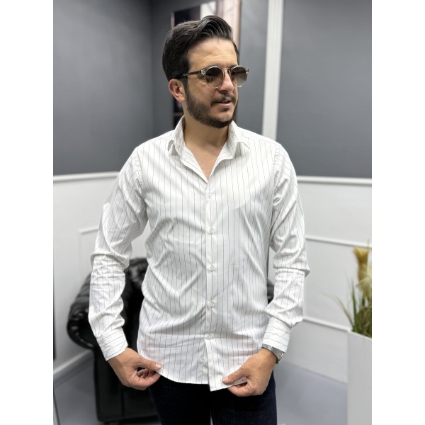  Erkek Lacivert ince çizgili %100 Pamuk Saten Non-iron Ütü Istemeyen  Modern Fit Gömlek