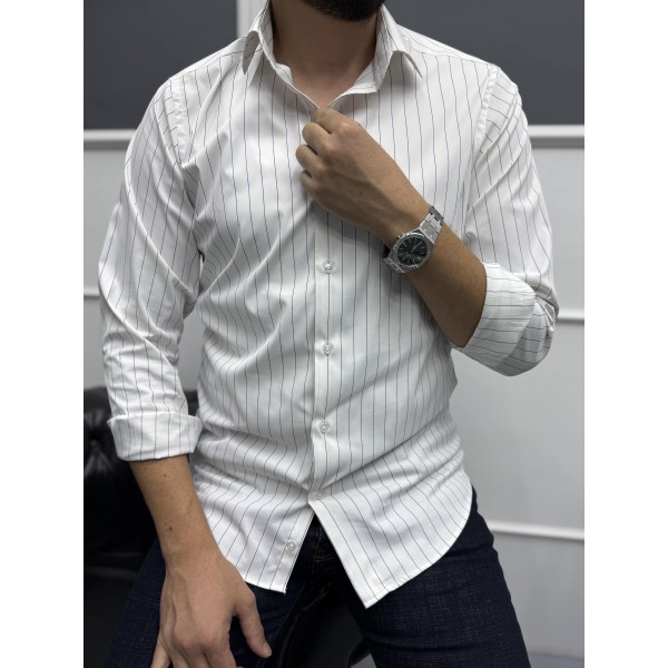  Erkek Lacivert ince çizgili %100 Pamuk Saten Non-iron Ütü Istemeyen  Modern Fit Gömlek