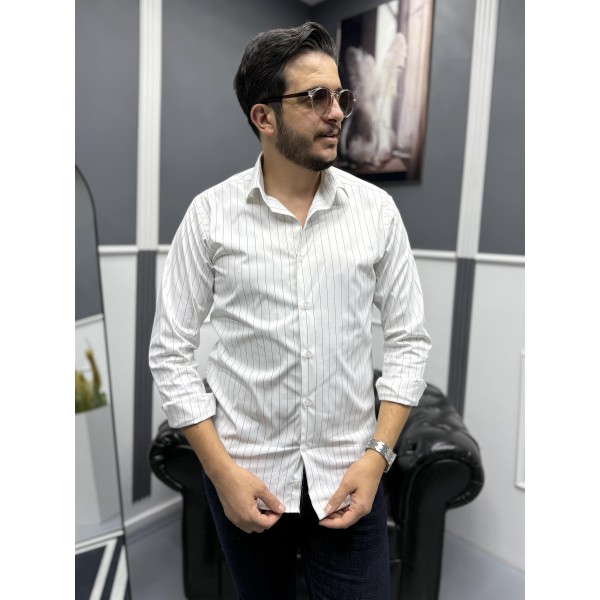  Erkek Lacivert ince çizgili %100 Pamuk Saten Non-iron Ütü Istemeyen  Modern Fit Gömlek