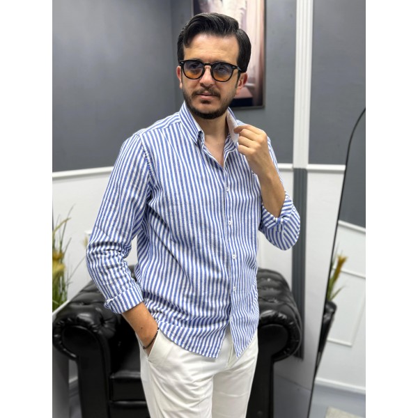 Çizgili Pamuk Keten Gömlek 