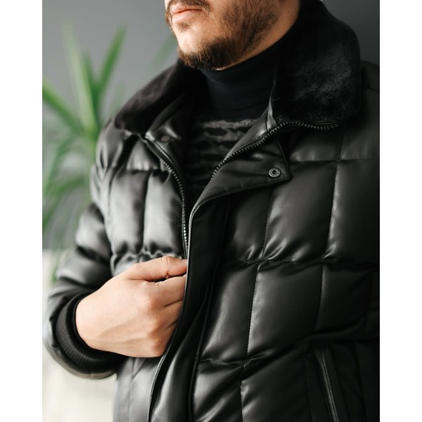 BlackRoyce Dolgulu Yaka Kürk Detaylı Deri Mont