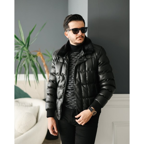 BlackRoyce Dolgulu Yaka Kürk Detaylı Deri Mont