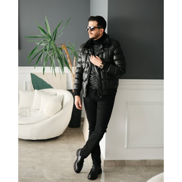 BlackRoyce Dolgulu Yaka Kürk Detaylı Deri Mont