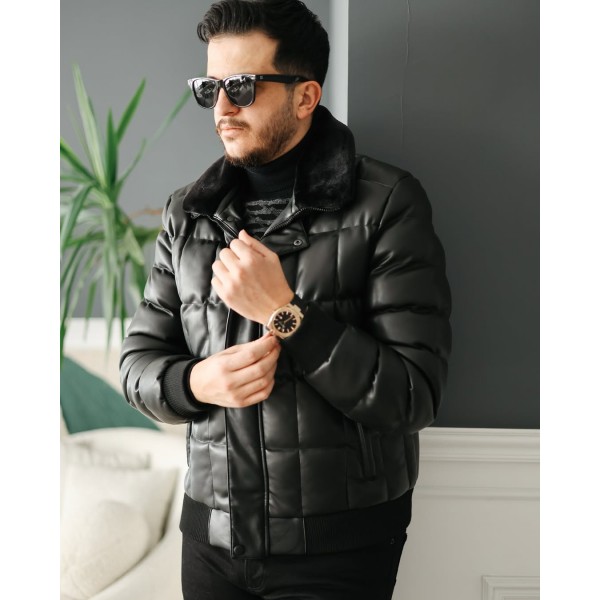 BlackRoyce Dolgulu Yaka Kürk Detaylı Deri Mont